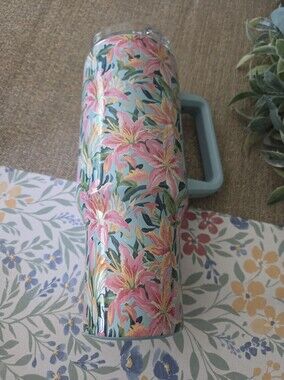 Floral Pink & Teal Insulated Travel Mug with Handle